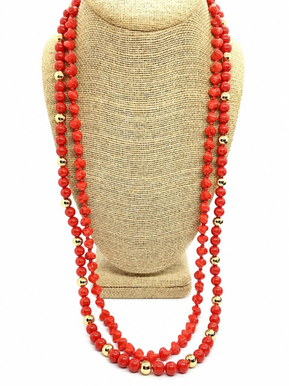 VINTAGE NAPIER NECKLACE Lot Red Gold Plastic Beads Red Glass 28"